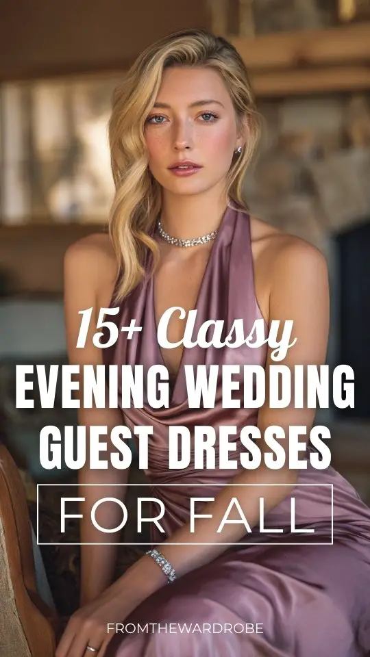 a woman wears a classy purple evening wedding guest dress for fall