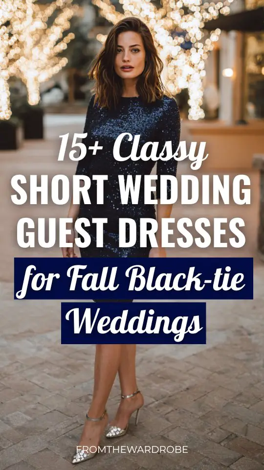 a woman wears a classy short navy sequin wedding guest dress for fall black tie wedding