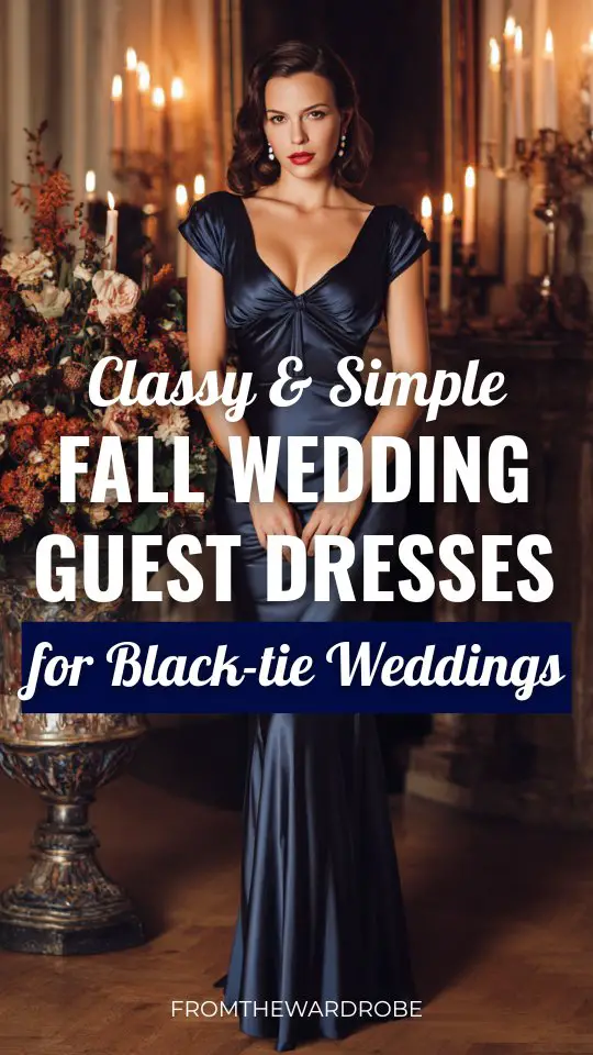 a woman wears a classy simple navy satin wedding guest dress for fall black tie wedding