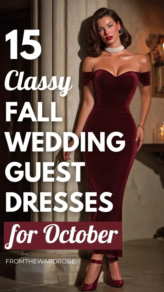 a woman wears a classy velvet fall wedding guest dress for October wedding