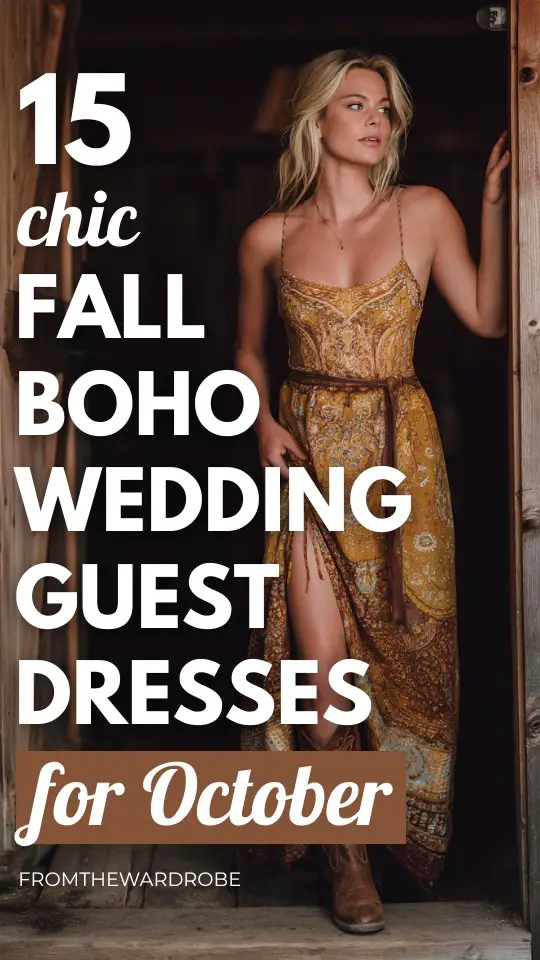 a woman wears a fall boho wedding guest dress with cowboy boots for october wedding