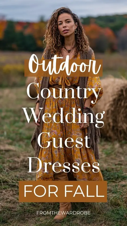 a woman wears a floral country wedding guest dress for a fall outdoor wedding