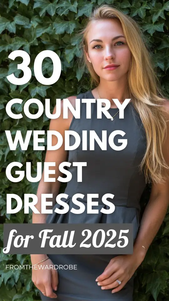 a woman wears a gray country fall wedding guest dress