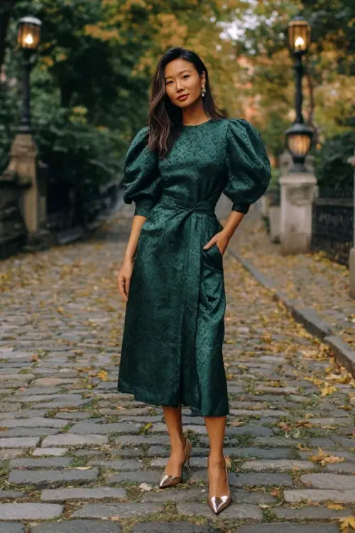 a woman wears a green fall wedding guest dress for an October outdoor ceremony