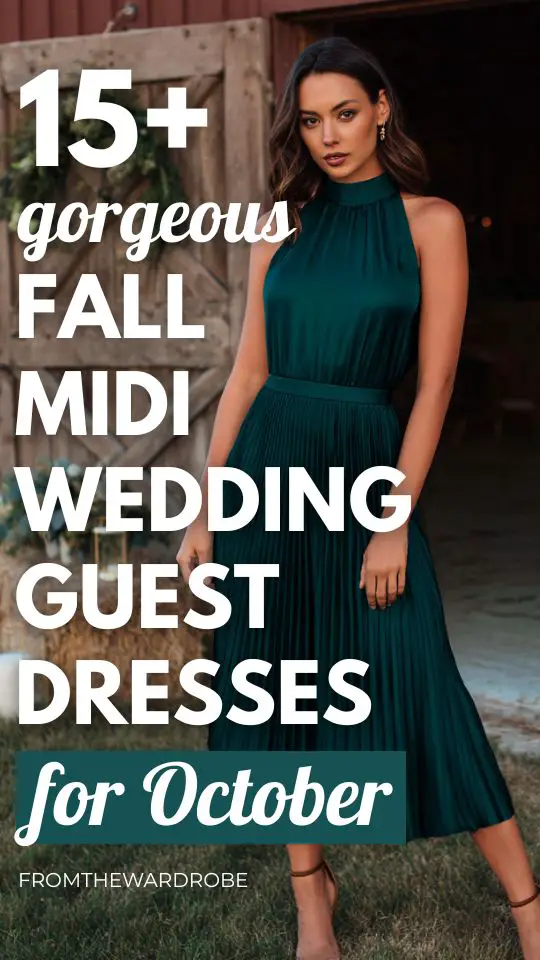 a woman wears a green halter pleated fall wedding guest dress for October wedding