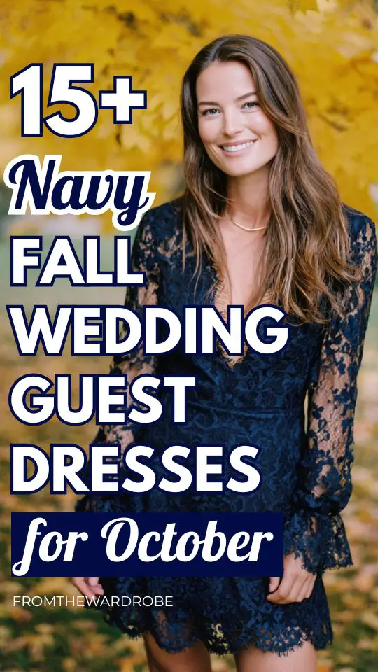 a woman wears a lace navy fall wedding guest dress for October wedding