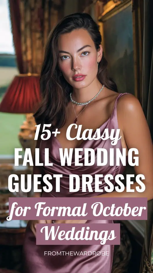 a woman wears a light purple fall wedding guest dress for formal October wedding