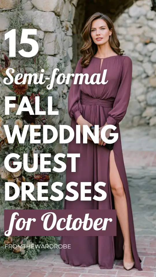 a woman wears a purple fall wedding guest dress for a semi formal October wedding