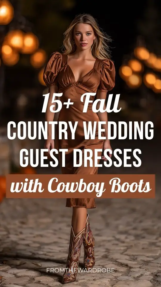 a woman wears a rust fall country wedding guest dress with cowboy boots