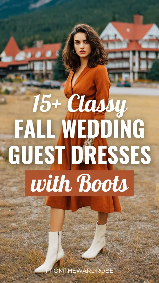 a woman wears a rust fall wedding guest dress with white boots
