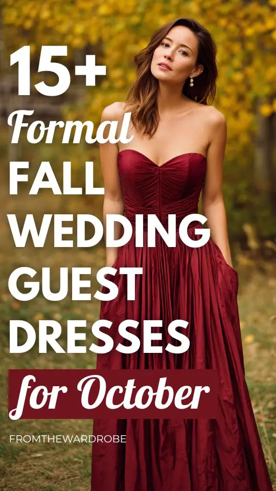 a woman wears an off shoulder red formal fall wedding guest dress for october wedding