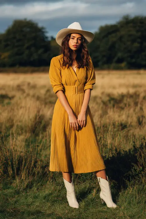 chic autumn wedding guest look, mustard yellow pleated midi dress, cream ankle boots, wide-brim hat, countryside wedding backdrop