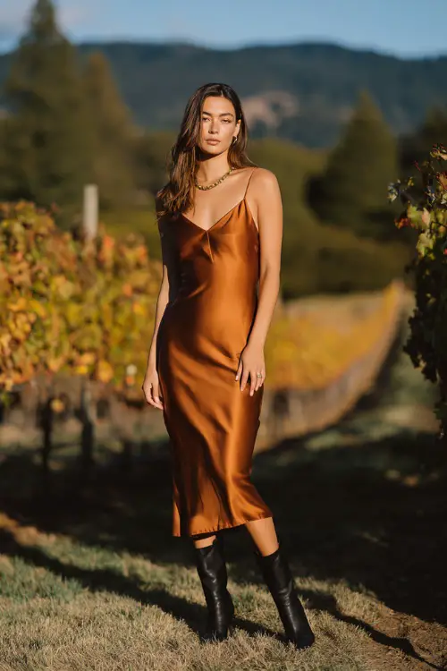 chic fall wedding attire, copper satin slip dress with midi length, black heeled boots, minimalist gold chain, vineyard ceremony in autumn light 