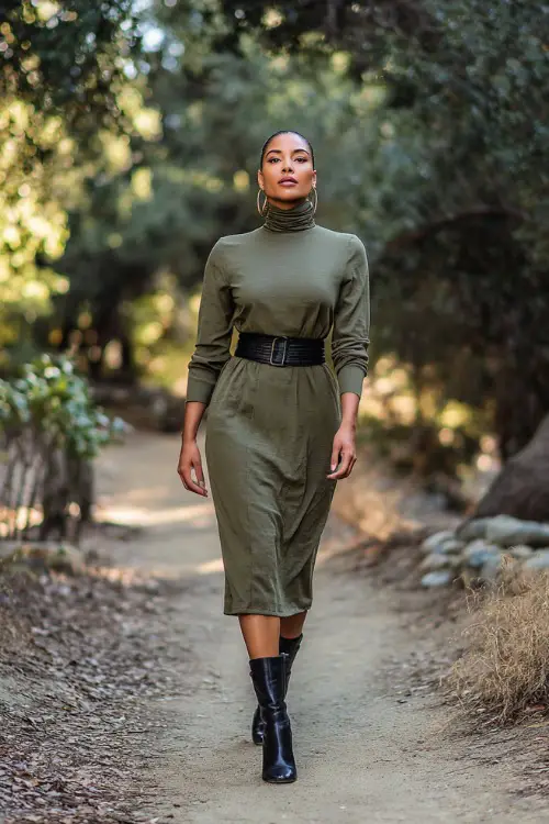 chic fall wedding guest look, olive green long-sleeve dress with belt, black heeled boots, statement earrings, forest path wedding setting 