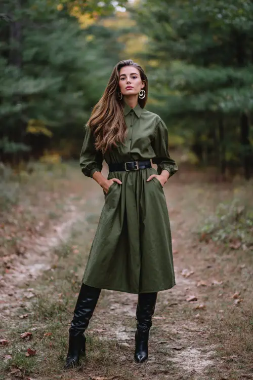 chic fall wedding guest look, olive green long-sleeve dress with belt, black heeled boots, statement earrings, forest path wedding setting 