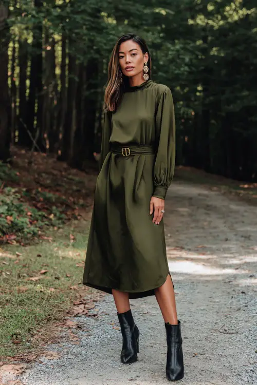 chic fall wedding guest look, olive green long-sleeve dress with belt, black heeled boots, statement earrings, forest path wedding setting