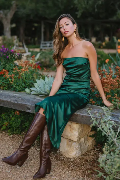 chic fall wedding guest outfit, midi satin dress in rich emerald green, paired with knee-high leather boots, gold drop earrings, autumn garden backdrop 