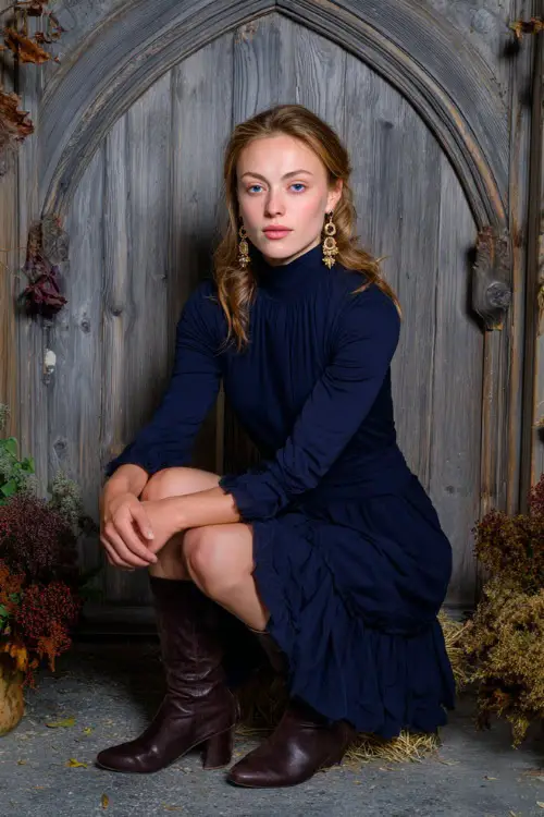 classy autumn wedding guest outfit, navy high-neck dress with ruffled hem, dark brown boots, gemstone drop earrings, rustic wooden arch backdrop