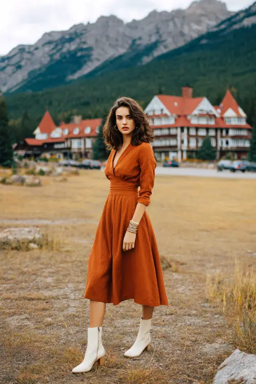 elegant autumn wedding guest look, burnt orange A-line midi dress, cream ankle boots, layered gold bracelets, mountain lodge wedding backdrop 