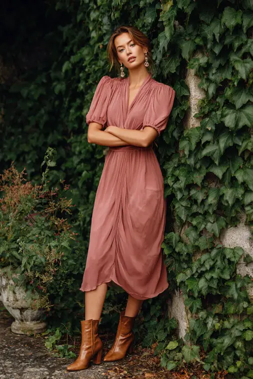refined autumn wedding guest look, dusty rose chiffon midi dress, tan ankle boots, delicate drop earrings, ivy-covered garden backdrop (2)