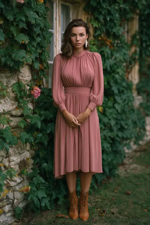 refined autumn wedding guest look, dusty rose chiffon midi dress, tan ankle boots, delicate drop earrings, ivy-covered garden backdrop 