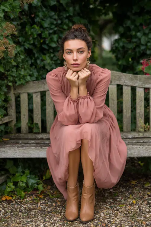 refined autumn wedding guest look, dusty rose chiffon midi dress, tan ankle boots, delicate drop earrings, ivy-covered garden backdrop