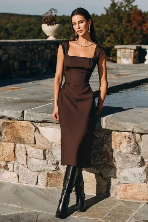 sophisticated fall wedding guest attire, chocolate brown midi dress with square neckline, black leather boots, pearl earrings, outdoor stone terrace setting