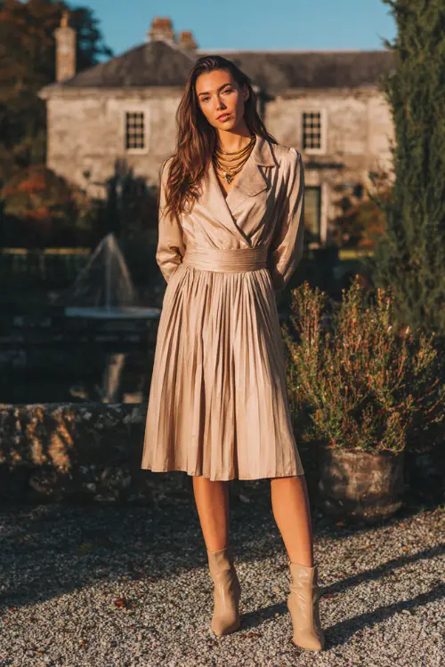 stylish autumn wedding guest outfit, champagne pleated midi dress, beige ankle boots, gold layered necklaces, historic estate backdrop