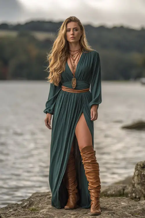 stylish autumn wedding guest outfit, hunter green maxi dress with thigh slit, tan leather boots, long pendant necklace, outdoor lakeside ceremony