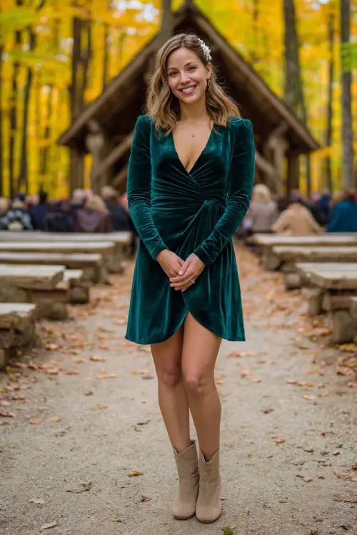 stylish fall wedding guest style, forest green velvet dress with wrap front, beige suede boots, pearl hair clip, outdoor ceremony under golden trees 