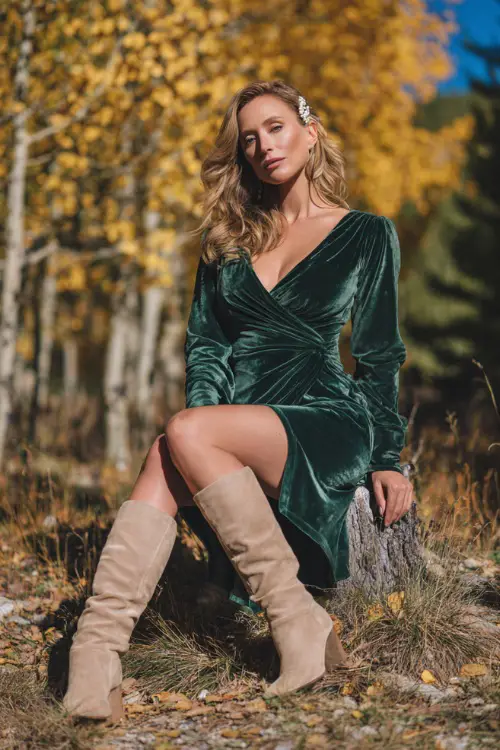 stylish fall wedding guest style, forest green velvet dress with wrap front, beige suede boots, pearl hair clip, outdoor ceremony under golden trees