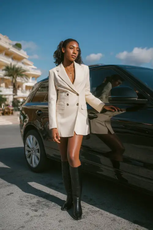 A Black woman in a chic blazer mini dress in cream with tall black boots, leaning against a luxury car parked outside a fine dining spot, full body
