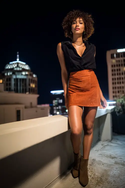 A Black woman in a chic burnt orange slip skirt paired with a black fitted blouse and ankle boots, standing on a rooftop terrace at night, full body