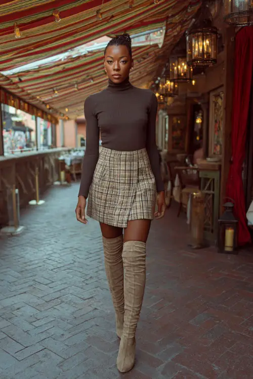 A Black woman in a chic plaid mini skirt with a fitted turtleneck and over-the-knee boots, walking into a lively fall dinner spot 