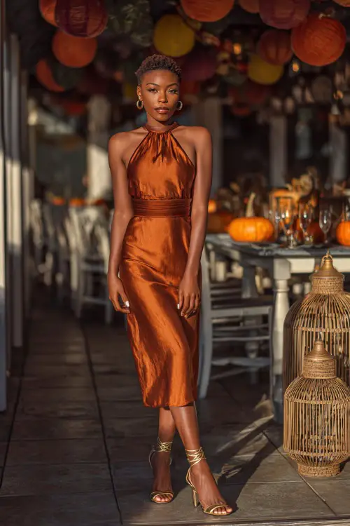 A Black woman in a copper satin midi dress with strappy gold heels, standing near a decorated restaurant patio with pumpkins and lanterns