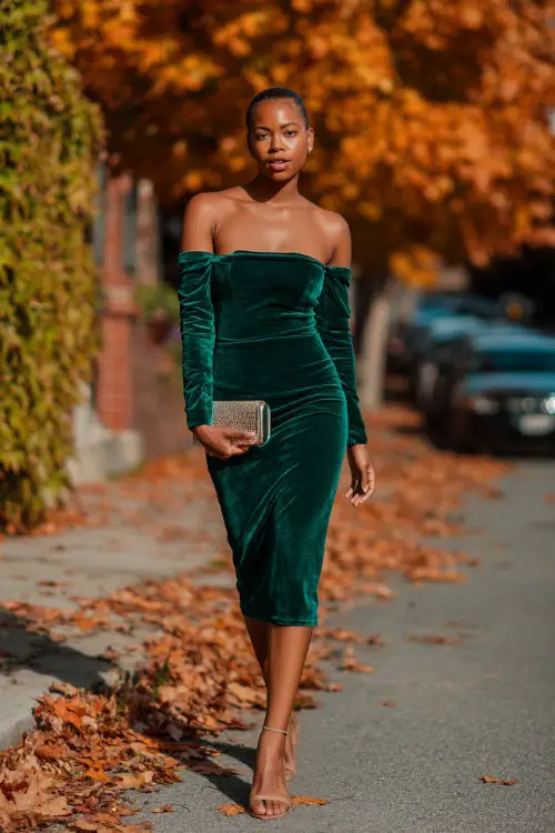 A Black woman in a fitted emerald green velvet dress with ankle strap heels, styled with a metallic clutch, walking along a fall street with orange leaves 