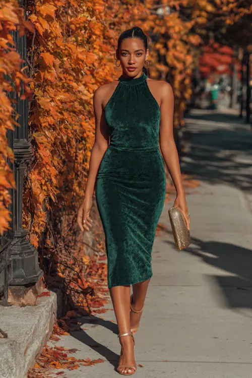 A Black woman in a fitted emerald green velvet dress with ankle strap heels, styled with a metallic clutch, walking along a fall street with orange leaves 