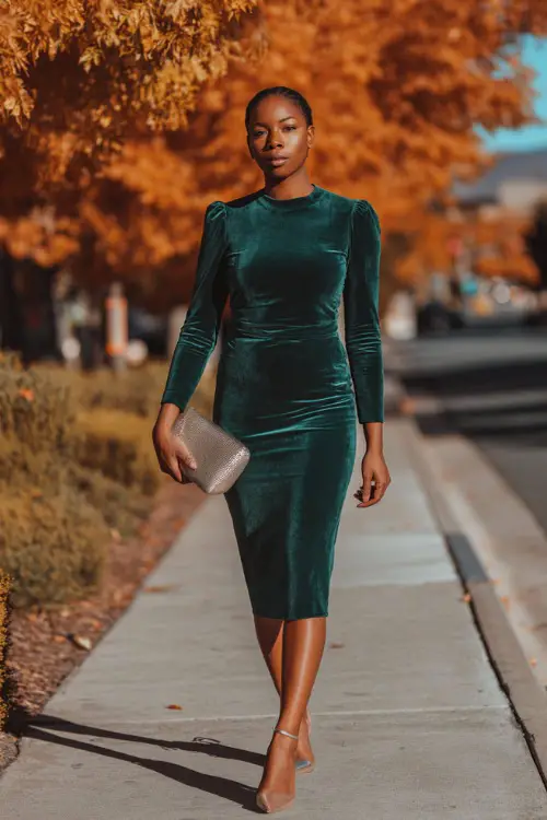 A Black woman in a fitted emerald green velvet dress with ankle strap heels, styled with a metallic clutch, walking along a fall street with orange leaves