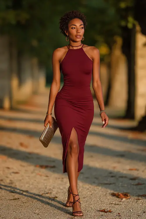 A Black woman in a fitted wine red bodycon dress with a thigh slit, paired with strappy sandals and a clutch, walking through a romantic autumn park