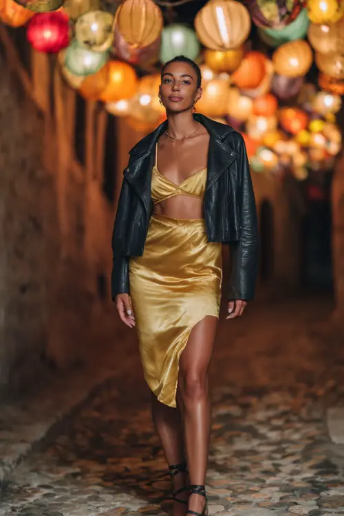 A Black woman in a gold satin slip dress with a cropped black leather jacket and strappy sandals, strolling through a cobblestone alley decorated with lanterns