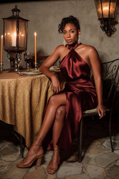 A Black woman in a maroon satin cowl-neck dress with strappy heels and crystal earrings, seated at an elegant candlelit dinner table, full body