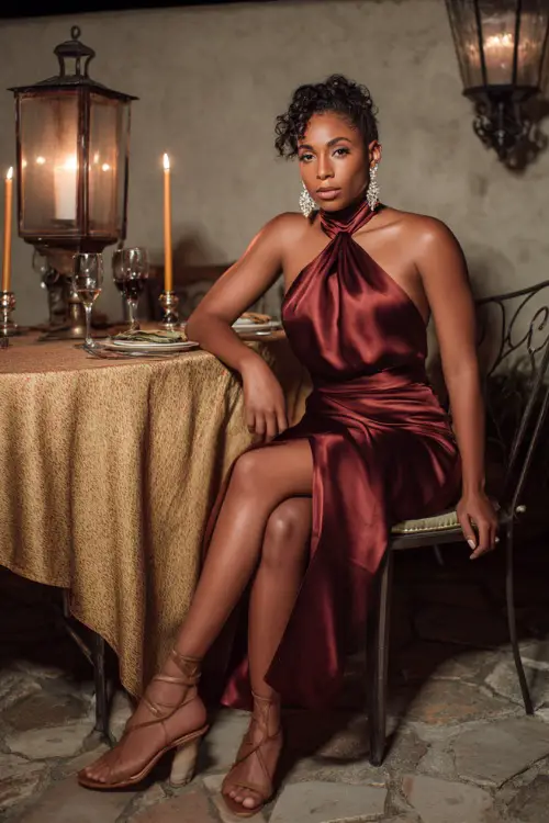 A Black woman in a maroon satin cowl-neck dress with strappy heels and crystal earrings, seated at an elegant candlelit dinner table, full body