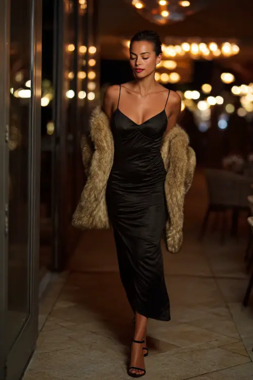 A Black woman in a midnight black satin gown with delicate straps, styled with a faux fur shawl and heels, walking gracefully out of a restaurant with glowing lights