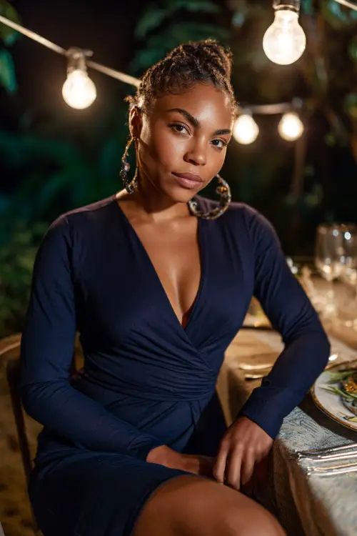 A Black woman in a navy blue wrap dress with long sleeves and statement earrings, seated at a dinner table under string lights
