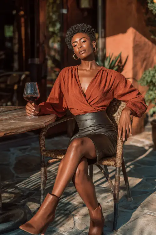 A Black woman wearing a rust-colored wrap top with a high-waisted leather skirt and heeled booties, sipping wine at an outdoor bistro, full body