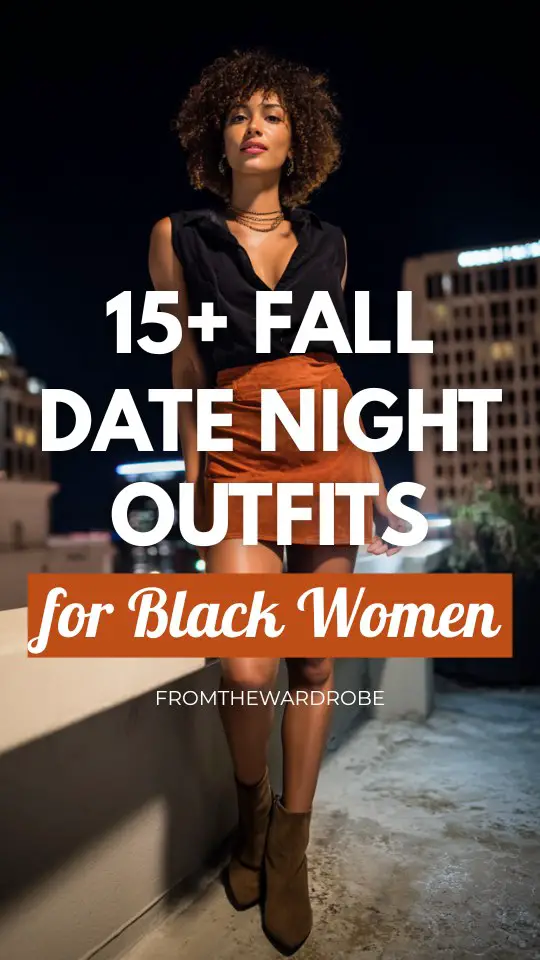 A black woman in a chic burnt orange slip skirt with a black fitted blouse and ankle boots outfit for a fall date night