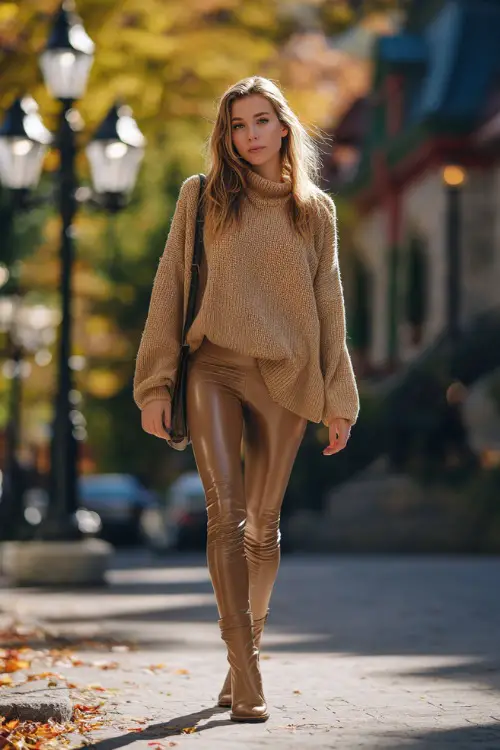A curvy woman in a camel-colored oversized sweater paired with faux leather leggings and ankle boots, walking under street lamps with autumn leaves around 