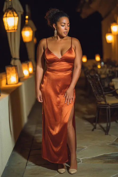 A curvy woman in a copper satin maxi dress with delicate straps, accessorized with diamond earrings and gold sandals