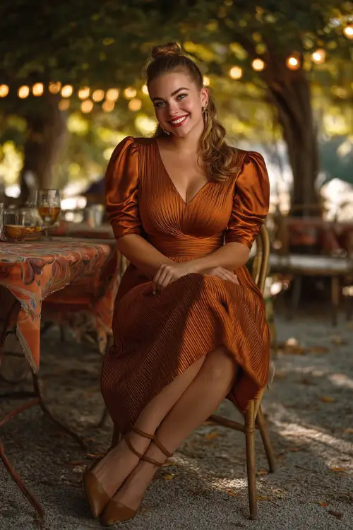 A curvy woman in a copper satin pleated midi dress with puff sleeves, styled with ankle strap heels, smiling while dining outdoors under autumn trees with string lights 
