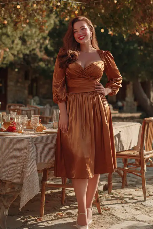 A curvy woman in a copper satin pleated midi dress with puff sleeves, styled with ankle strap heels, smiling while dining outdoors under autumn trees with string lights